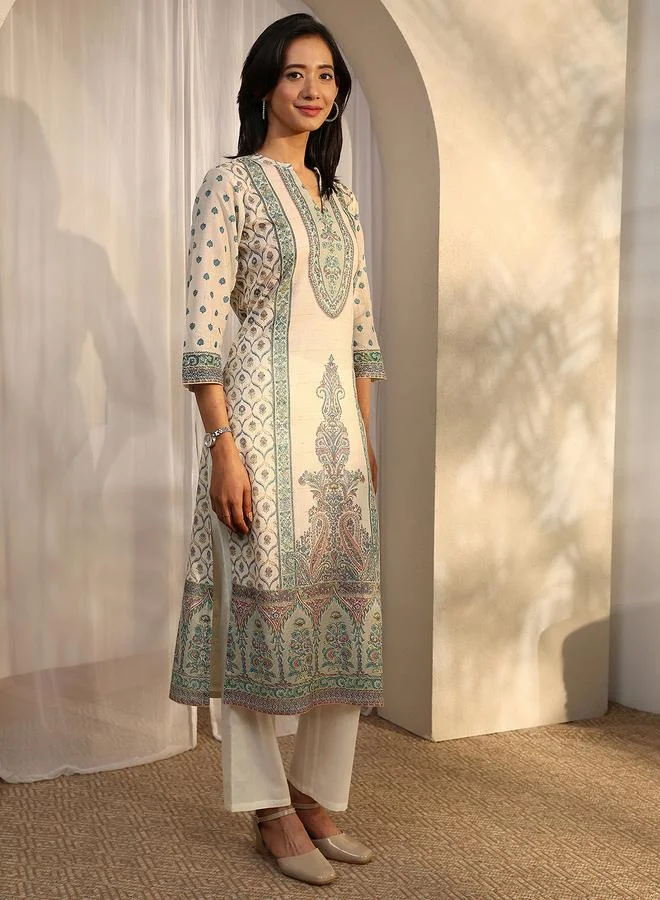 Libas Off White Printed Cotton Straight Kurta, Trousers And Dupatta Set