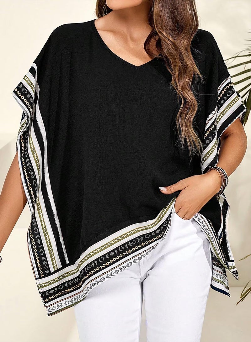 Falechay Womens Blouses Dressy Casual Flowy Tops for Women T Shirts Short Sleeves V Neck Boho Tops Loose Tshirts Side Slit Tees Summer Fit Blouses Fall Ladies Beach Vacation Cute Black M - Image 5