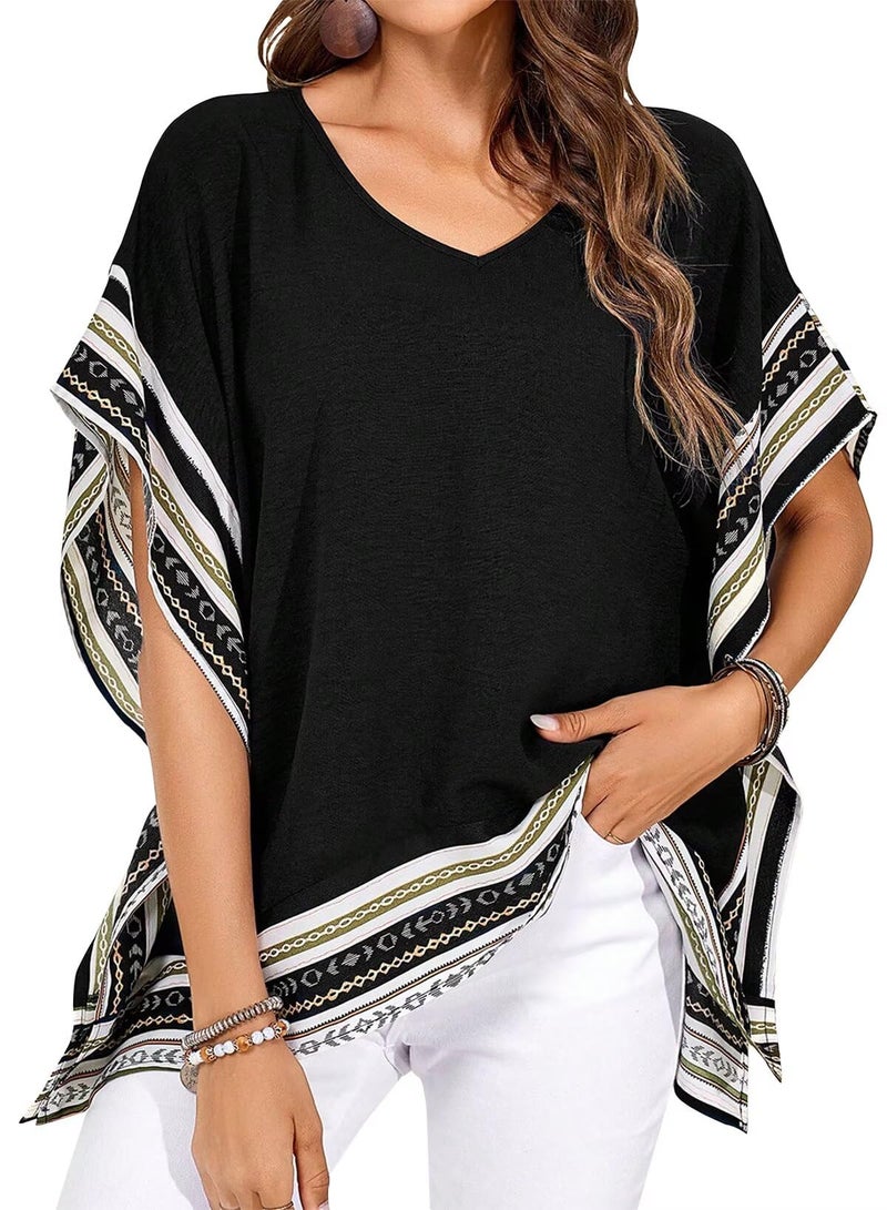 Falechay Womens Blouses Dressy Casual Flowy Tops for Women T Shirts Short Sleeves V Neck Boho Tops Loose Tshirts Side Slit Tees Summer Fit Blouses Fall Ladies Beach Vacation Cute Black M - Image 1