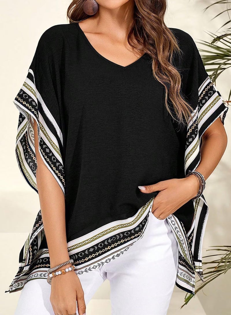 Falechay Womens Blouses Dressy Casual Flowy Tops for Women T Shirts Short Sleeves V Neck Boho Tops Loose Tshirts Side Slit Tees Summer Fit Blouses Fall Ladies Beach Vacation Cute Black M - Image 2