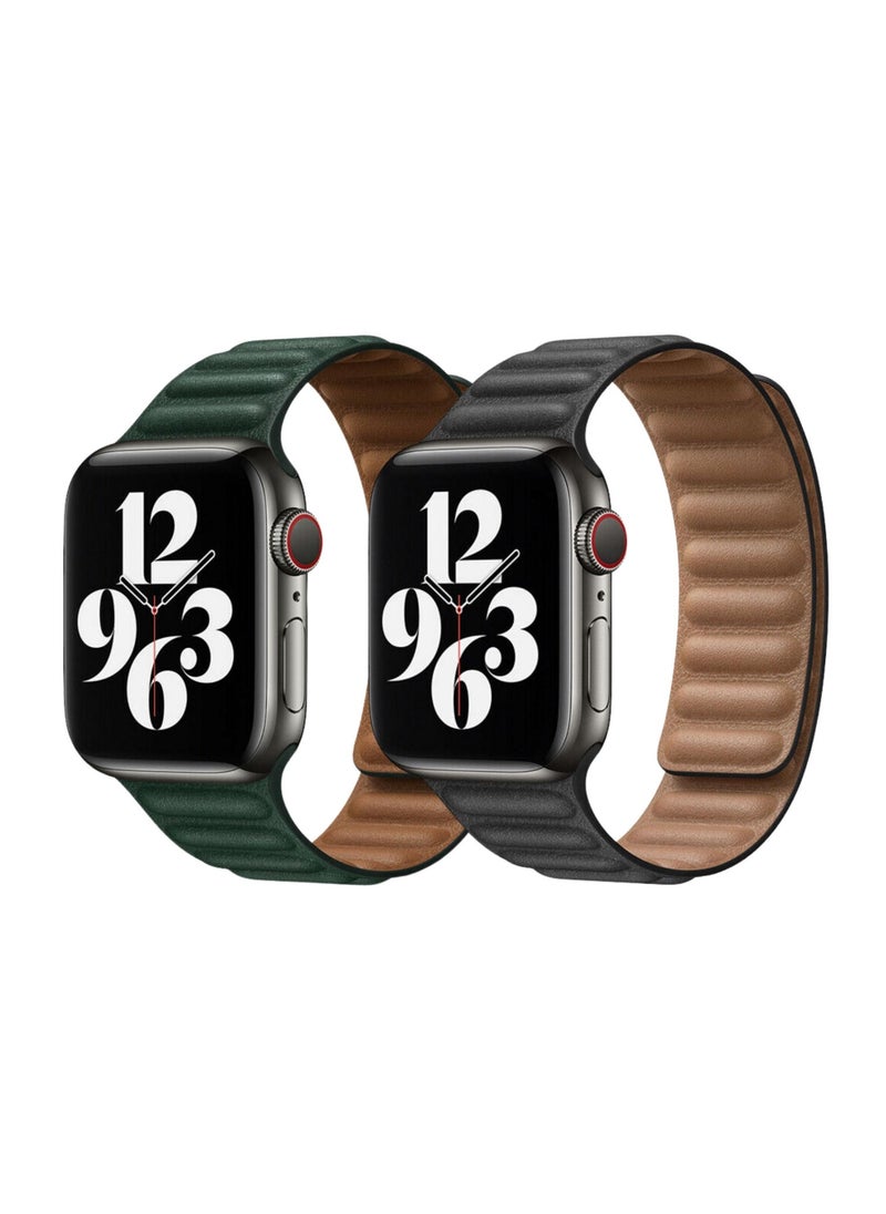 YOMNA For Apple Watch Leather Link Band Strap iWatch Series 40/44/41/45mm Sequoia Green Strap with Black Strap  - Image 1