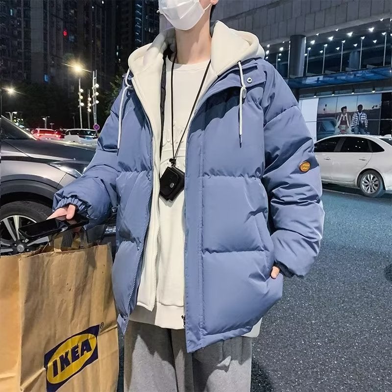 Fake Two-piece 2024 Unisex Neutral Winter Explosions Cotton-padded Clothes Mens Fashionable Loose Warm Cotton-padded Jacket Blue - Image 1