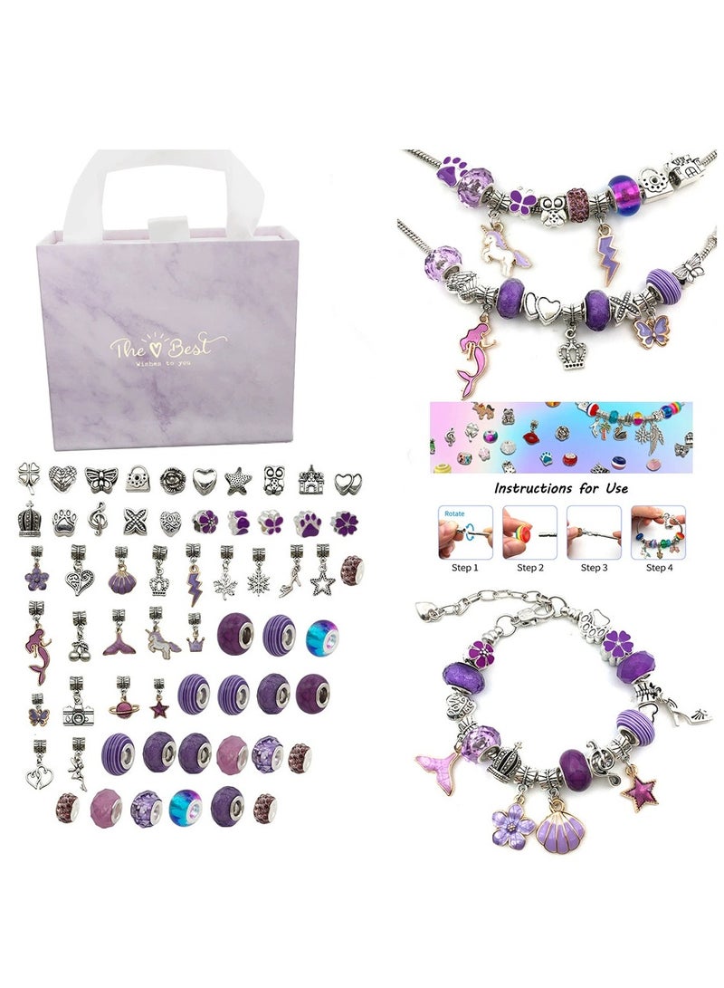 Girl Jewelry Bracelet Making Kit Jewelry Box for Girl 63 Pcs DIY Beads Bracelet for Kids 3-12 Years(Purple)  - Image 1