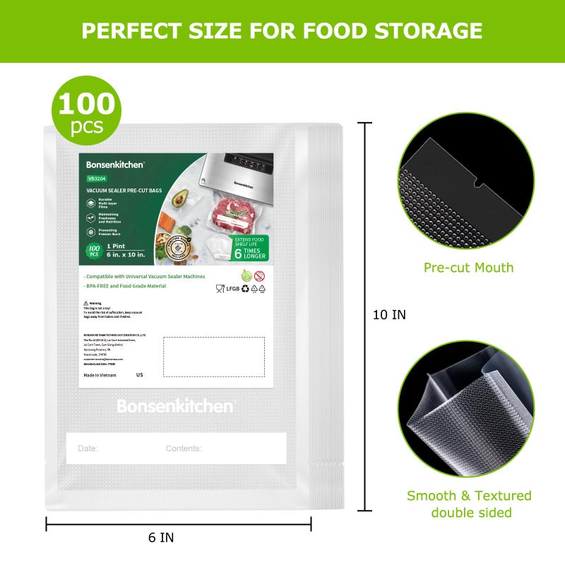 Bonsenkitchen Precut Vacuum Food Sealer Bags 100 Pint 6" x 10", BPA Free - Image 2