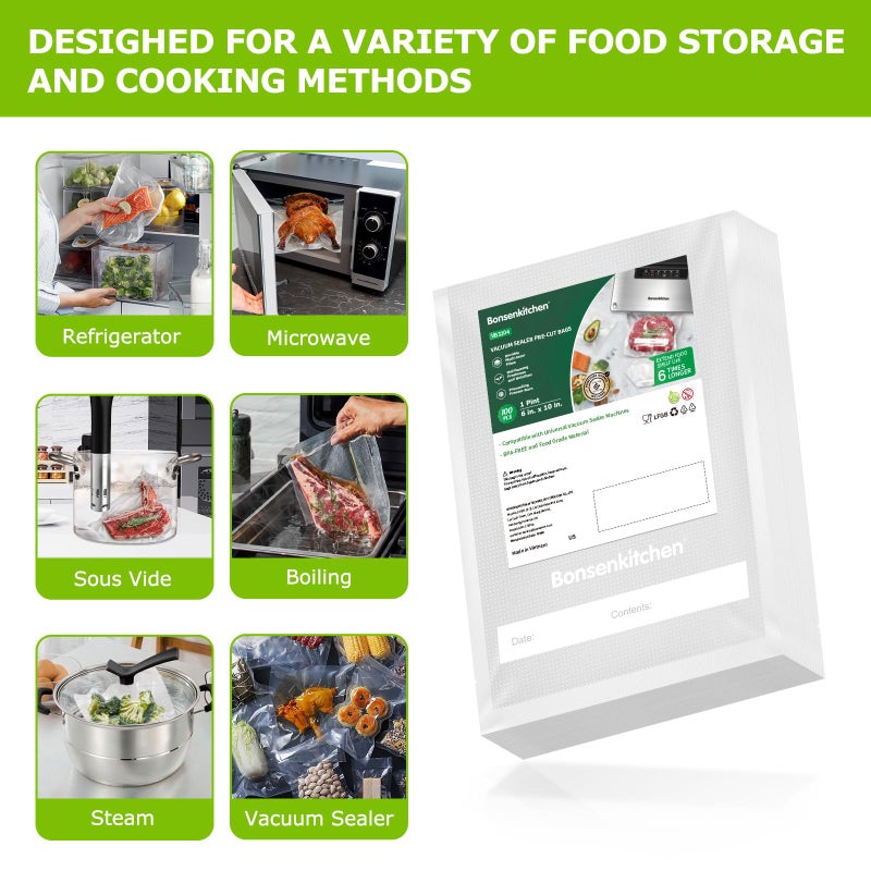 Bonsenkitchen Precut Vacuum Food Sealer Bags 100 Pint 6" x 10", BPA Free - Image 3