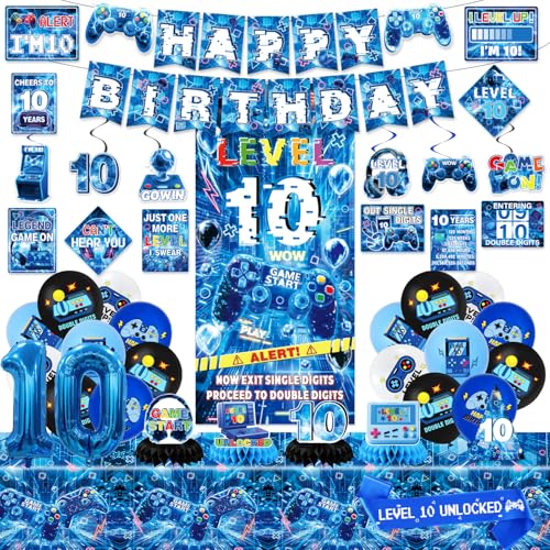 Mpanwen Level 10 Birthday Decorations Blue Video Game Themed 10th Party Decor Supplies for 10th Boys Gamer Backdrop Balloons Banner Tablecloth Centerpieces Hanging Swirls Wall Signs Sash - Image 1