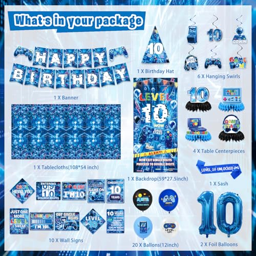 Mpanwen Level 10 Birthday Decorations Blue Video Game Themed 10th Party Decor Supplies for 10th Boys Gamer Backdrop Balloons Banner Tablecloth Centerpieces Hanging Swirls Wall Signs Sash - Image 5