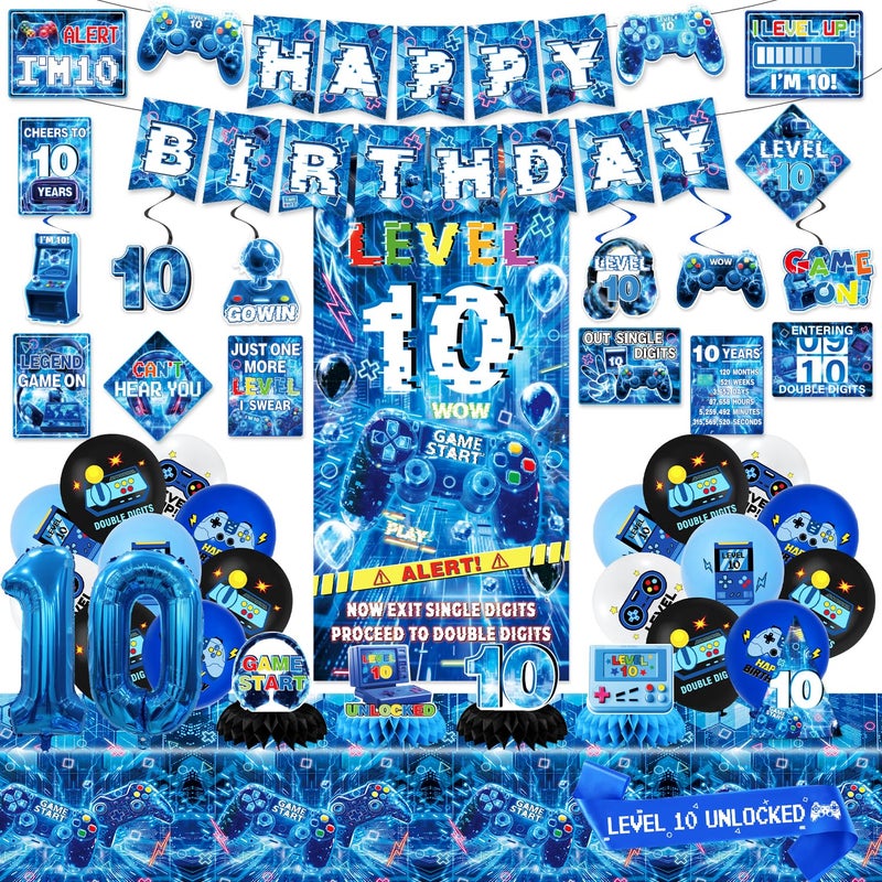 Mpanwen Level 10 Birthday Decorations Blue Video Game Themed 10th Party Decor Supplies for 10th Boys Gamer Backdrop Balloons Banner Tablecloth Centerpieces Hanging Swirls Wall Signs Sash - Image 3