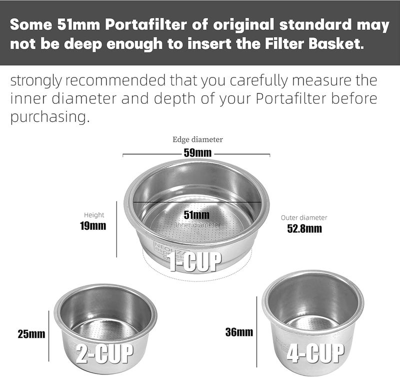 NEOUZA 51mm Stainless Steel Filter Basket 1/2/4 Cup for Espresso Bottomless Portafilter, Compatible With Delonghi, Breville Coffee Machine. Gift: Blind Filter and Scoop Clip - Image 3