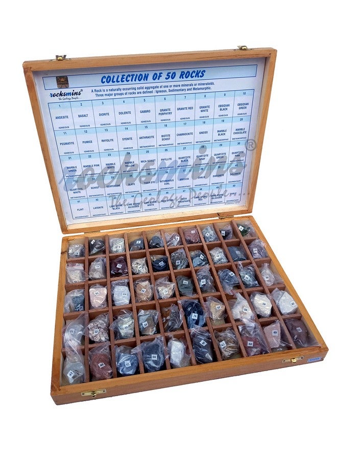 Rocksmins Collection of 50 Rocks in Wooden Box RO50WB with 50 Big Specimen Set of Rock Igneous Sedimentary Metamorphic Rock Mineral Collection Geology Kits Ideal for Study of Earth Stone - Image 4