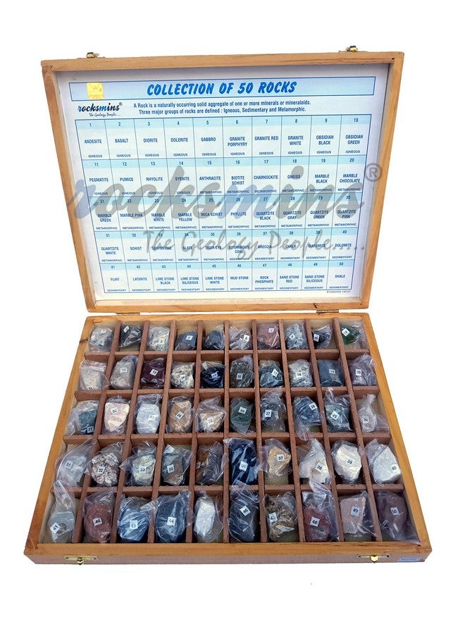 Rocksmins Collection of 50 Rocks in Wooden Box RO50WB with 50 Big Specimen Set of Rock Igneous Sedimentary Metamorphic Rock Mineral Collection Geology Kits Ideal for Study of Earth Stone - Image 3