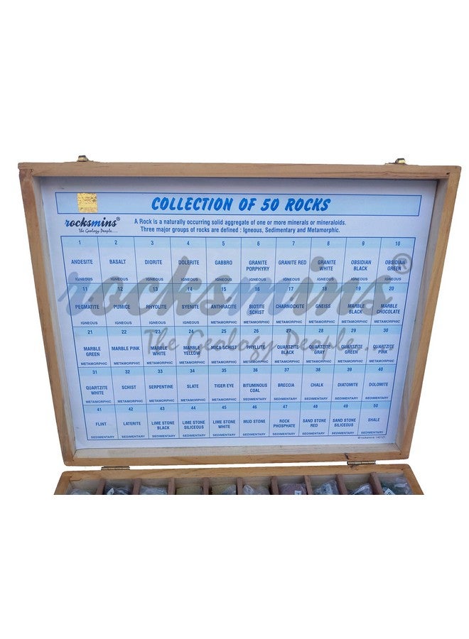 Rocksmins Collection of 50 Rocks in Wooden Box RO50WB with 50 Big Specimen Set of Rock Igneous Sedimentary Metamorphic Rock Mineral Collection Geology Kits Ideal for Study of Earth Stone - Image 2