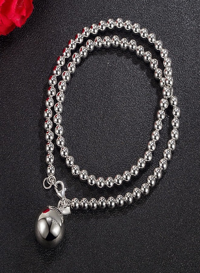Dankadi Italy Fashion Women 925 Sterling Silver Bead Necklace Bell and Heart Pendant 4MM 6MM Round Prayer Beads Link Chain 18 "20" 22 "24" 26 "28" Girl Teens Jewelry Gift, 22 inches, Sterling Silver, No - Image 5