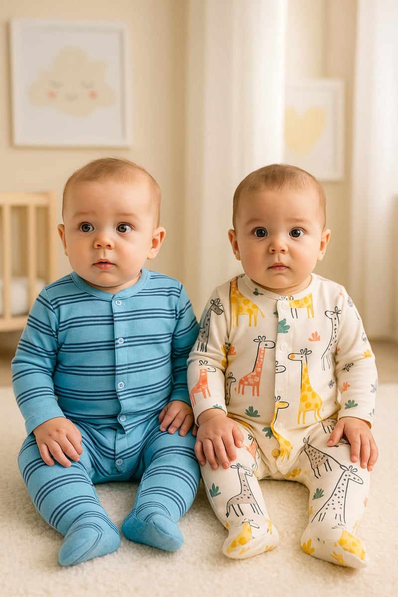 TuddyBuddy 100% Cotton Multi Color Romper Sleepsuit/Romper/Jumpsuit for Baby Boy (Pack of 2 Sleepsuits - Blue Stripes & Giraffe AOP, 3-6 Months) - Image 3