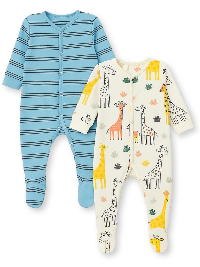 TuddyBuddy 100% Cotton Multi Color Romper Sleepsuit/Romper/Jumpsuit for Baby Boy (Pack of 2 Sleepsuits - Blue Stripes & Giraffe AOP, 3-6 Months) - Image 1