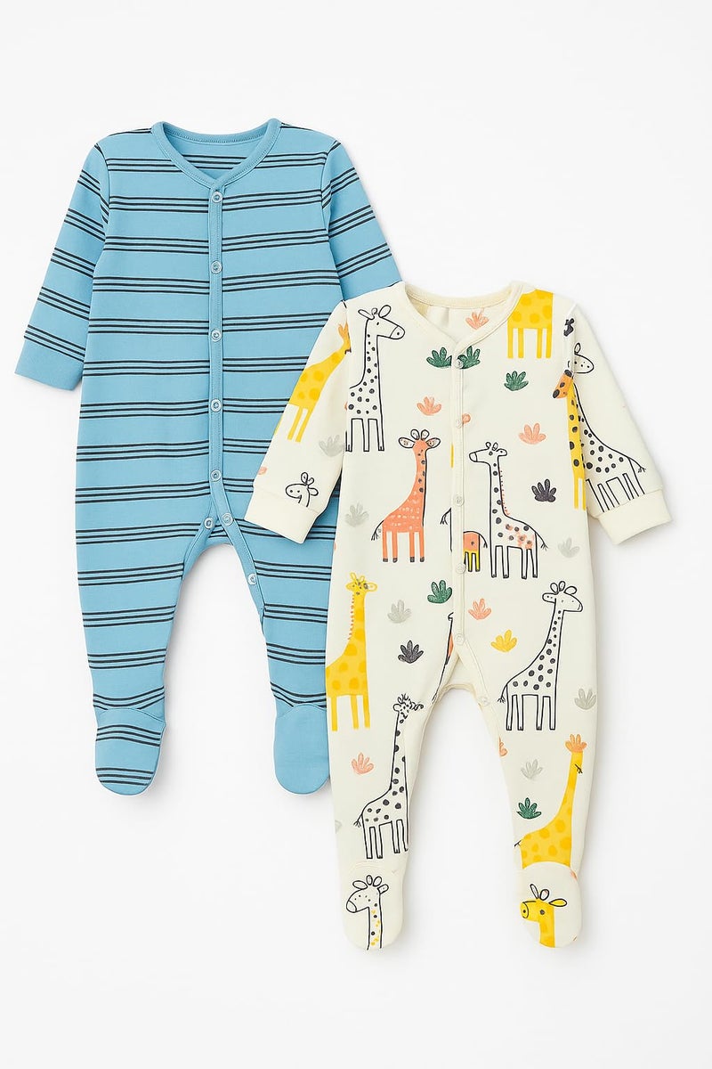 TuddyBuddy 100% Cotton Multi Color Romper Sleepsuit/Romper/Jumpsuit for Baby Boy (Pack of 2 Sleepsuits - Blue Stripes & Giraffe AOP, 3-6 Months) - Image 2