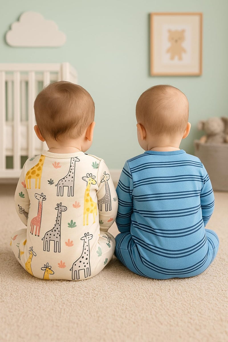 TuddyBuddy 100% Cotton Multi Color Romper Sleepsuit/Romper/Jumpsuit for Baby Boy (Pack of 2 Sleepsuits - Blue Stripes & Giraffe AOP, 3-6 Months) - Image 4