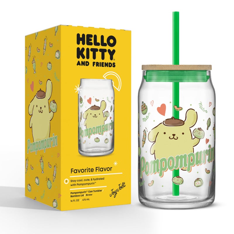 JoyJolt Sanrio Hello Kitty and Friends Favorite Flavor Glass Tumbler with Bamboo Lid and Straw, Leakproof 16oz Clear Soda Can Shaped Cup featuring Pompompurin, Hello Kitty Merch - Image 1