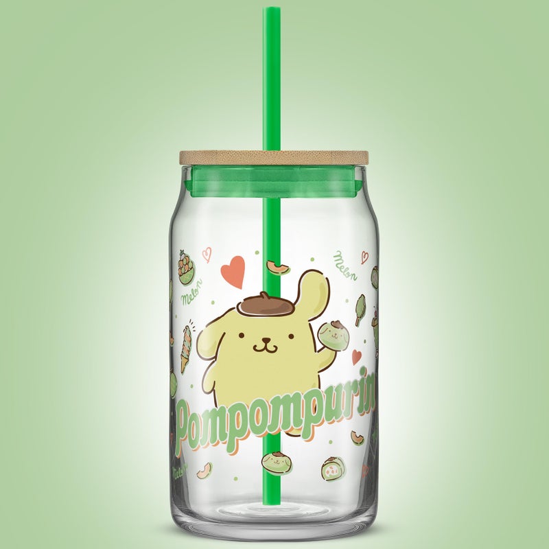 JoyJolt Sanrio Hello Kitty and Friends Favorite Flavor Glass Tumbler with Bamboo Lid and Straw, Leakproof 16oz Clear Soda Can Shaped Cup featuring Pompompurin, Hello Kitty Merch - Image 3