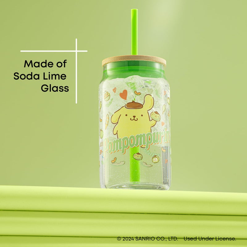 JoyJolt Sanrio Hello Kitty and Friends Favorite Flavor Glass Tumbler with Bamboo Lid and Straw, Leakproof 16oz Clear Soda Can Shaped Cup featuring Pompompurin, Hello Kitty Merch - Image 4