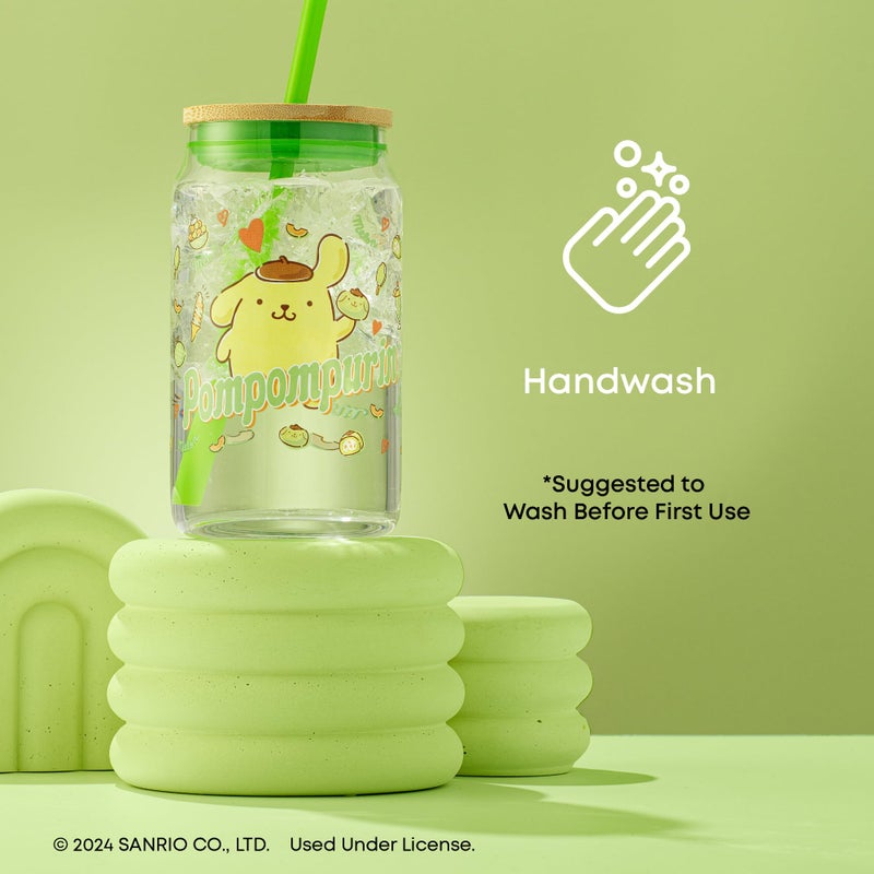 JoyJolt Sanrio Hello Kitty and Friends Favorite Flavor Glass Tumbler with Bamboo Lid and Straw, Leakproof 16oz Clear Soda Can Shaped Cup featuring Pompompurin, Hello Kitty Merch - Image 5