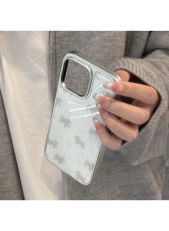 NIBEMINENT Cute Gray Teddy Bear Protective TPU Case Cover For iPhone 16, Silver Border - Image 2