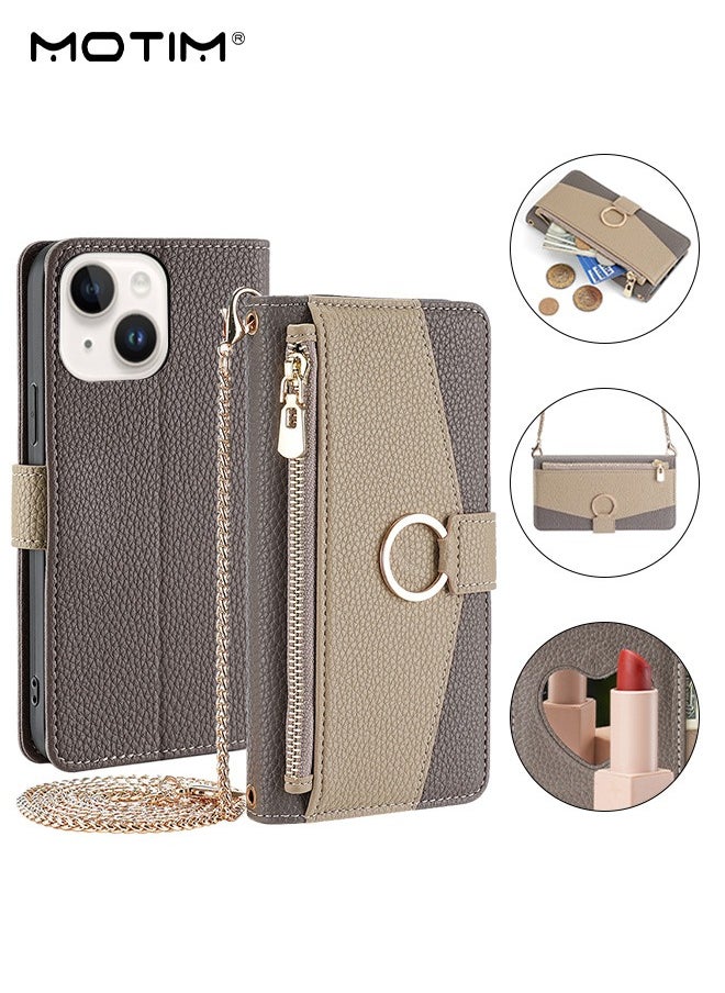 Motim iPhone 15 Case with Lanyard Strap and Card Holder, Protective Crossbody Wallet Leather Handbag Purse Protective Case with Kickstand, Make Up Mirror Cover Phone Case  - Image 1