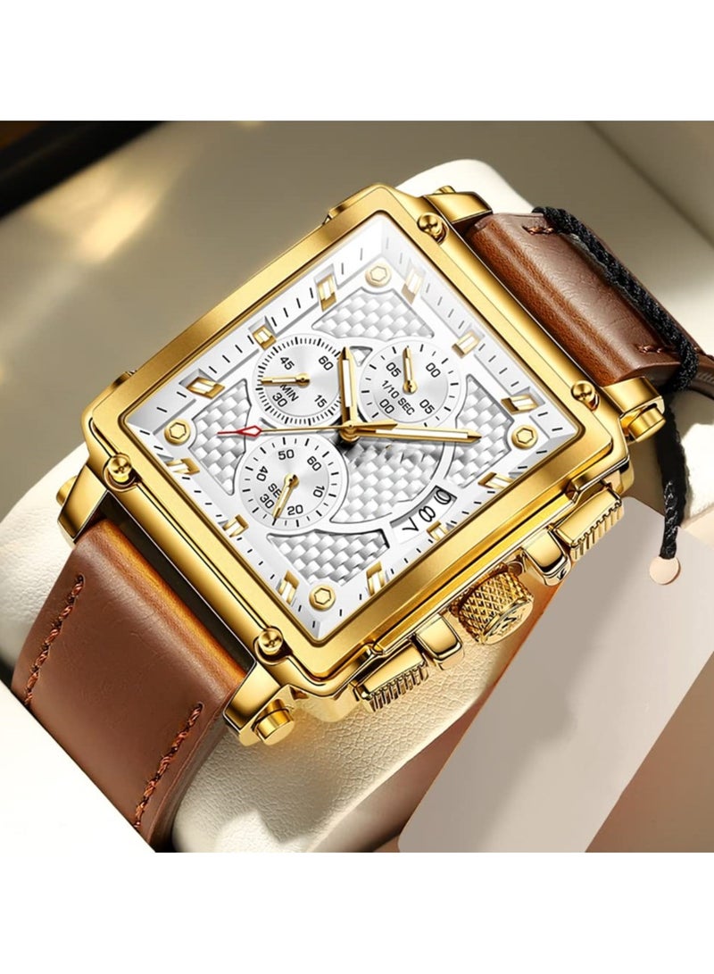 سيوسي ساعات SYOSI مربعة للرجال، حزام جلدي بني، كرونوغراف متعدد الوظائف، فستان عمل أنيق، ساعات يد كوارتز مضيئة مقاومة للماء - Image 2