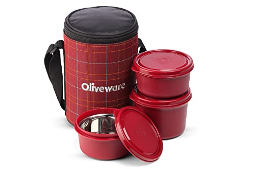 SOPL-OLIVEWARE Amber Lunch Box, Microwave Safe & Leak Proof, 3 Inside Steel Containers with BPA Free Lids (2 * 450ml & 600ml), Fabric Bag - Red - Image 1