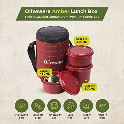 SOPL-OLIVEWARE Amber Lunch Box, Microwave Safe & Leak Proof, 3 Inside Steel Containers with BPA Free Lids (2 * 450ml & 600ml), Fabric Bag - Red - Image 2