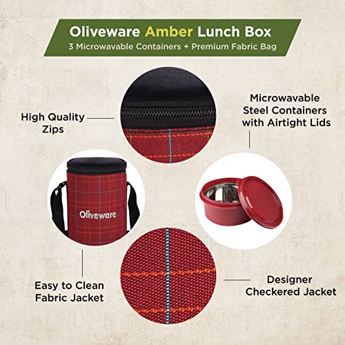 SOPL-OLIVEWARE Amber Lunch Box, Microwave Safe & Leak Proof, 3 Inside Steel Containers with BPA Free Lids (2 * 450ml & 600ml), Fabric Bag - Red - Image 3