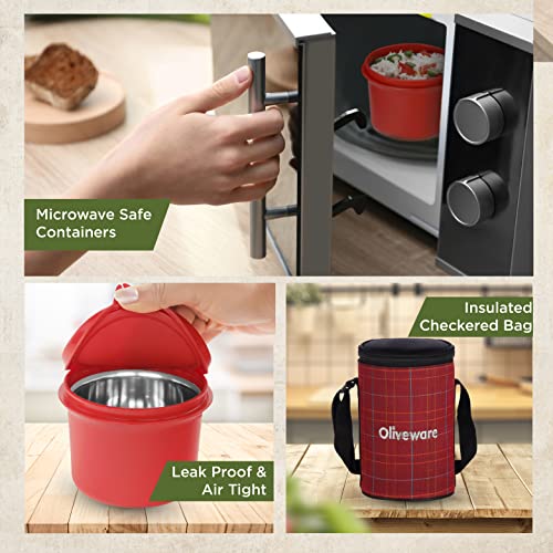 SOPL-OLIVEWARE Amber Lunch Box, Microwave Safe & Leak Proof, 3 Inside Steel Containers with BPA Free Lids (2 * 450ml & 600ml), Fabric Bag - Red - Image 5