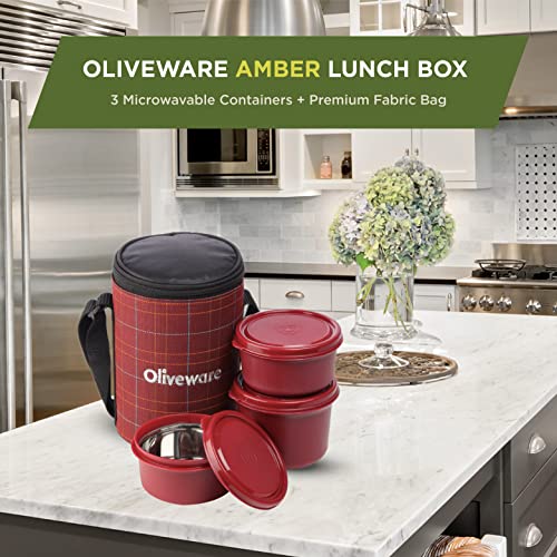 SOPL-OLIVEWARE Amber Lunch Box, Microwave Safe & Leak Proof, 3 Inside Steel Containers with BPA Free Lids (2 * 450ml & 600ml), Fabric Bag - Red - Image 4