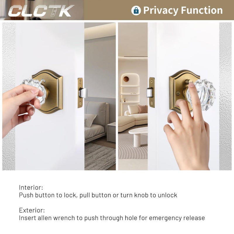CLCTK Glass Door Knobs Interior, Vintage Style Privacy Crystal Door Knobs with Lock, Antique Brass Door Knobs for Bedroom Bathroom, Push Pin Button Inside Lock, 1 Pack - Image 4
