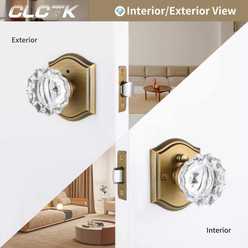 CLCTK Glass Door Knobs Interior, Vintage Style Privacy Crystal Door Knobs with Lock, Antique Brass Door Knobs for Bedroom Bathroom, Push Pin Button Inside Lock, 1 Pack - Image 3