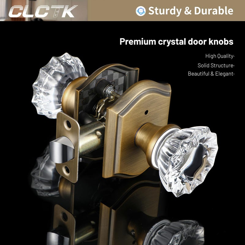 CLCTK Glass Door Knobs Interior, Vintage Style Privacy Crystal Door Knobs with Lock, Antique Brass Door Knobs for Bedroom Bathroom, Push Pin Button Inside Lock, 1 Pack - Image 2
