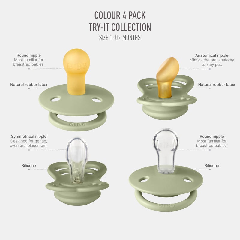 BIBS Try-It Collection | 4-Pack Soothers | BPA-Free Round, Anatomical & Symmetrical Nipple | Natural Rubber Latex/Silicone | Made in Denmark | 0-6 Months | Sage - Image 2