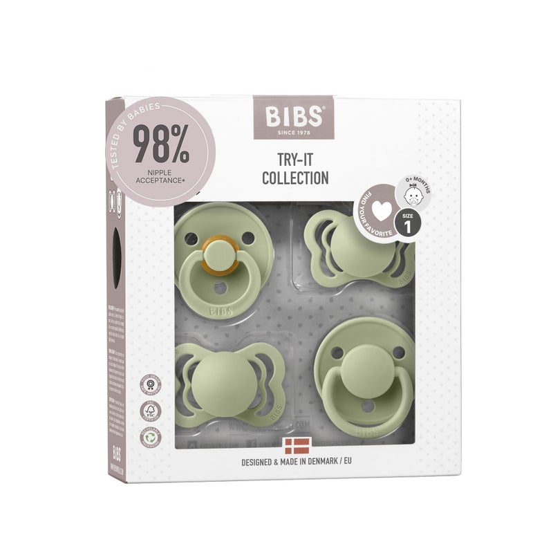 BIBS Try-It Collection | 4-Pack Soothers | BPA-Free Round, Anatomical & Symmetrical Nipple | Natural Rubber Latex/Silicone | Made in Denmark | 0-6 Months | Sage - Image 1