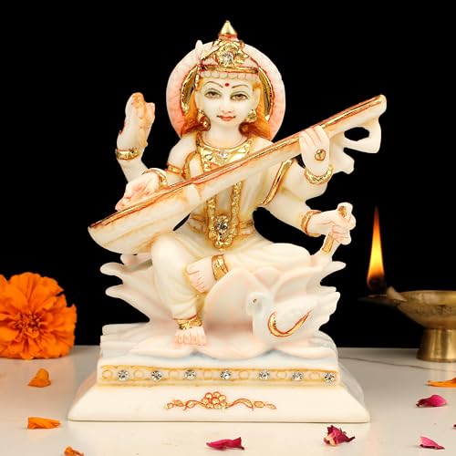 SANDECO 6" Resin Saraswati Ji Hindu God Statue Idol for Home Dcor Maa Saraswati Idol Figurine Decoration and Pooja Gifting Purpose Sculpture Office House Warming Statue Murti - Image 1