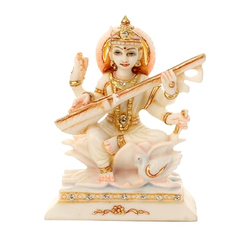 SANDECO 6" Resin Saraswati Ji Hindu God Statue Idol for Home Dcor Maa Saraswati Idol Figurine Decoration and Pooja Gifting Purpose Sculpture Office House Warming Statue Murti - Image 2