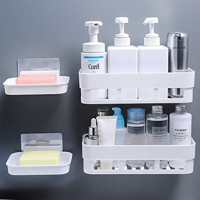 MULTIPURPOSE PLASTIC BATHROOM RACK KITCHEN BATHROOM SHELF WALL HOLDER STORAGE RACK ORGANIZER MULTICOLOUR 2 BATHROOM SHELVES 2 SOAP BOX WHITE