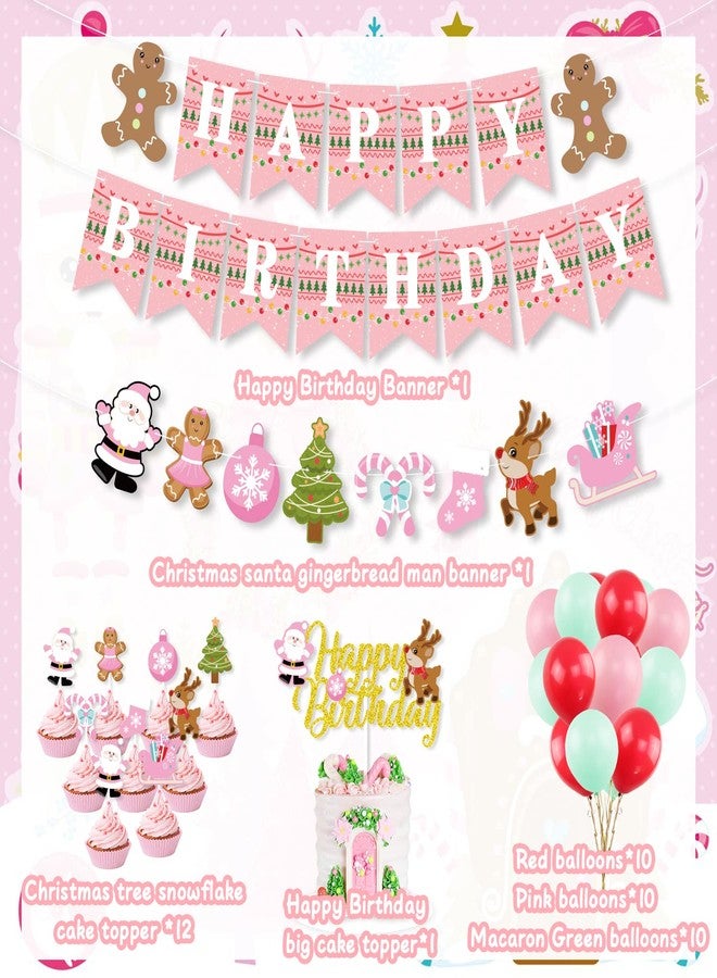 K KUMEED Pink Christmas Birthday Decorations,Gingerbread Man Theme Happy Birthday Banner Santa Claus Cake Topper Latex Balloons for Christmas Birthday Party Supplies - Image 4