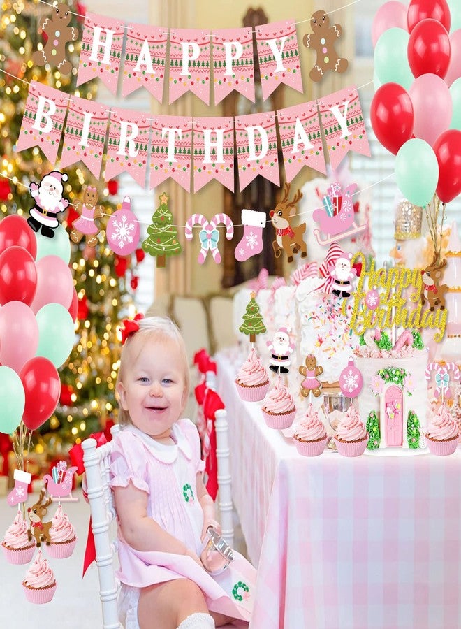 K KUMEED Pink Christmas Birthday Decorations,Gingerbread Man Theme Happy Birthday Banner Santa Claus Cake Topper Latex Balloons for Christmas Birthday Party Supplies - Image 5