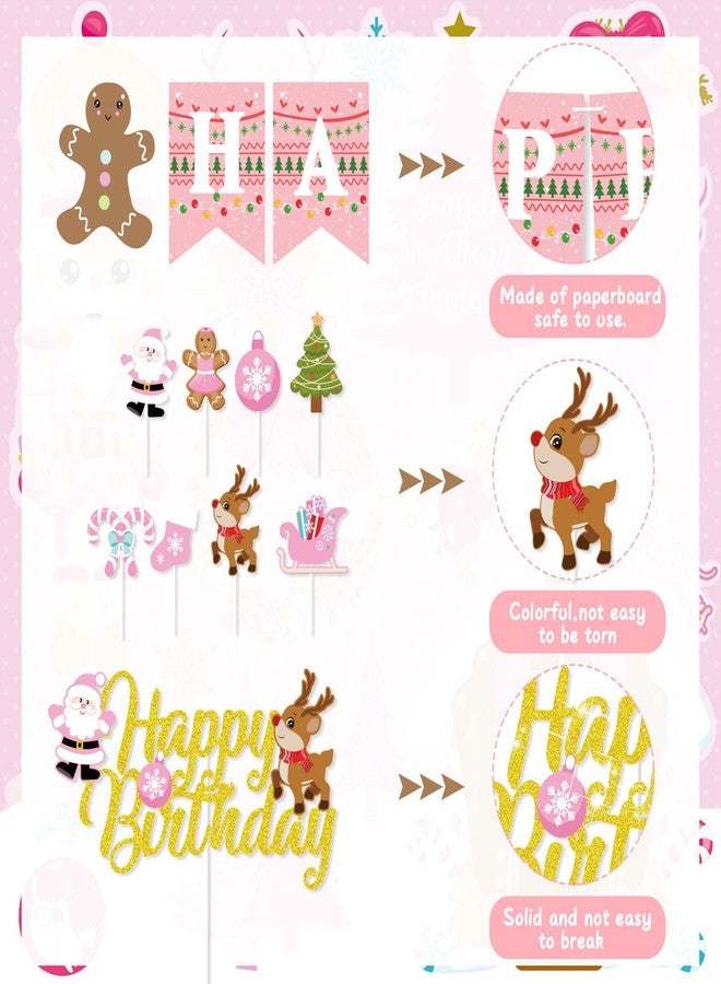 K KUMEED Pink Christmas Birthday Decorations,Gingerbread Man Theme Happy Birthday Banner Santa Claus Cake Topper Latex Balloons for Christmas Birthday Party Supplies - Image 3