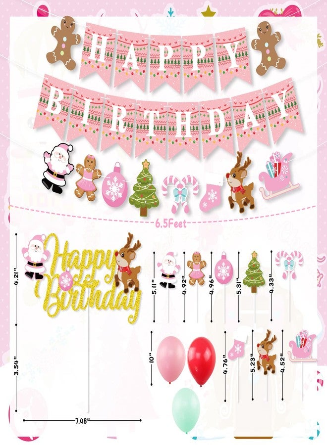 K KUMEED Pink Christmas Birthday Decorations,Gingerbread Man Theme Happy Birthday Banner Santa Claus Cake Topper Latex Balloons for Christmas Birthday Party Supplies - Image 2