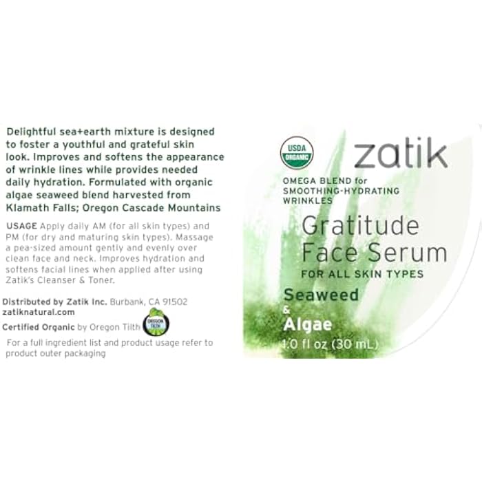 Zatik Naturals - Gratitude Face Serum with Seaweed and Algae, USDA Organic, Vegan, Non GMO Gluten Free, Soy Free, Alcohol Free, pH Balanced, Biodegradable, 1.0 fl oz, 30ml - Image 2