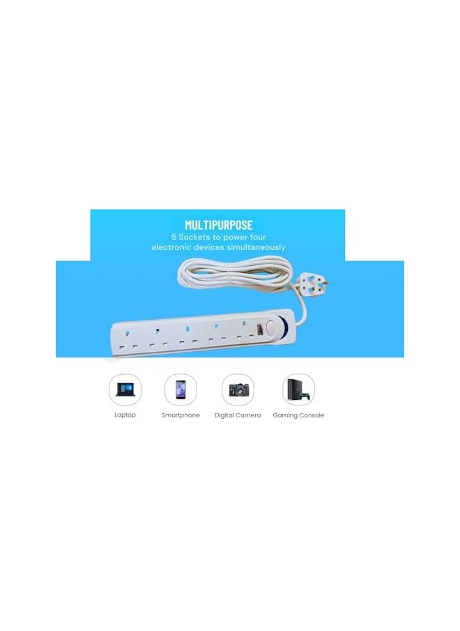 PROMASS Extension Cord 5m Power Universal Extension Lead with Surge Protection, 5 Sockets, 1700 Watts, 5 Meters, White Multiple Function (5m)  - Image 4