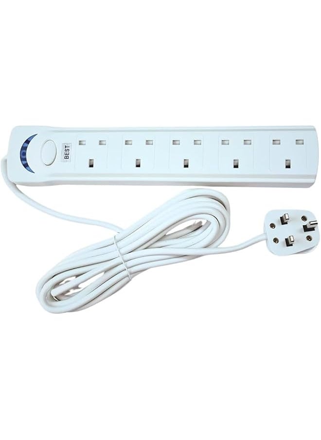PROMASS Extension Cord 5m Power Universal Extension Lead with Surge Protection, 5 Sockets, 1700 Watts, 5 Meters, White Multiple Function (5m)  - Image 1