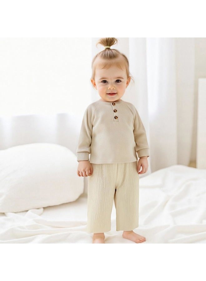 MERSARIPHY Toddler Baby Boy Girl Sweatshirt Sweater Long Sleeve Crewneck Waffle Knit Outfit Pullover Tops Fall Winter Clothes, Beige, 2-3 Years - Image 2