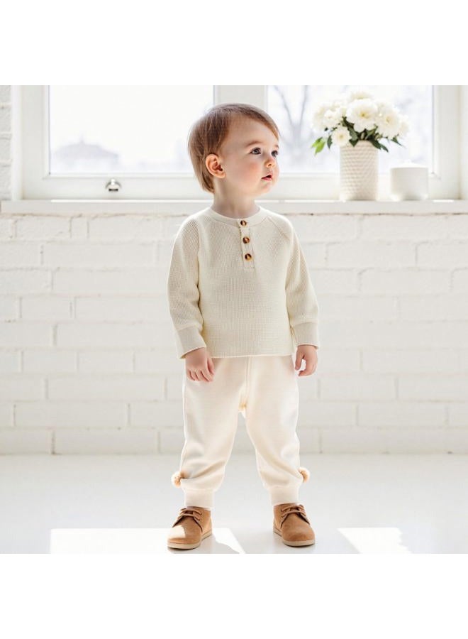 MERSARIPHY Toddler Baby Boy Girl Sweatshirt Sweater Long Sleeve Crewneck Waffle Knit Outfit Pullover Tops Fall Winter Clothes, Beige, 2-3 Years - Image 3
